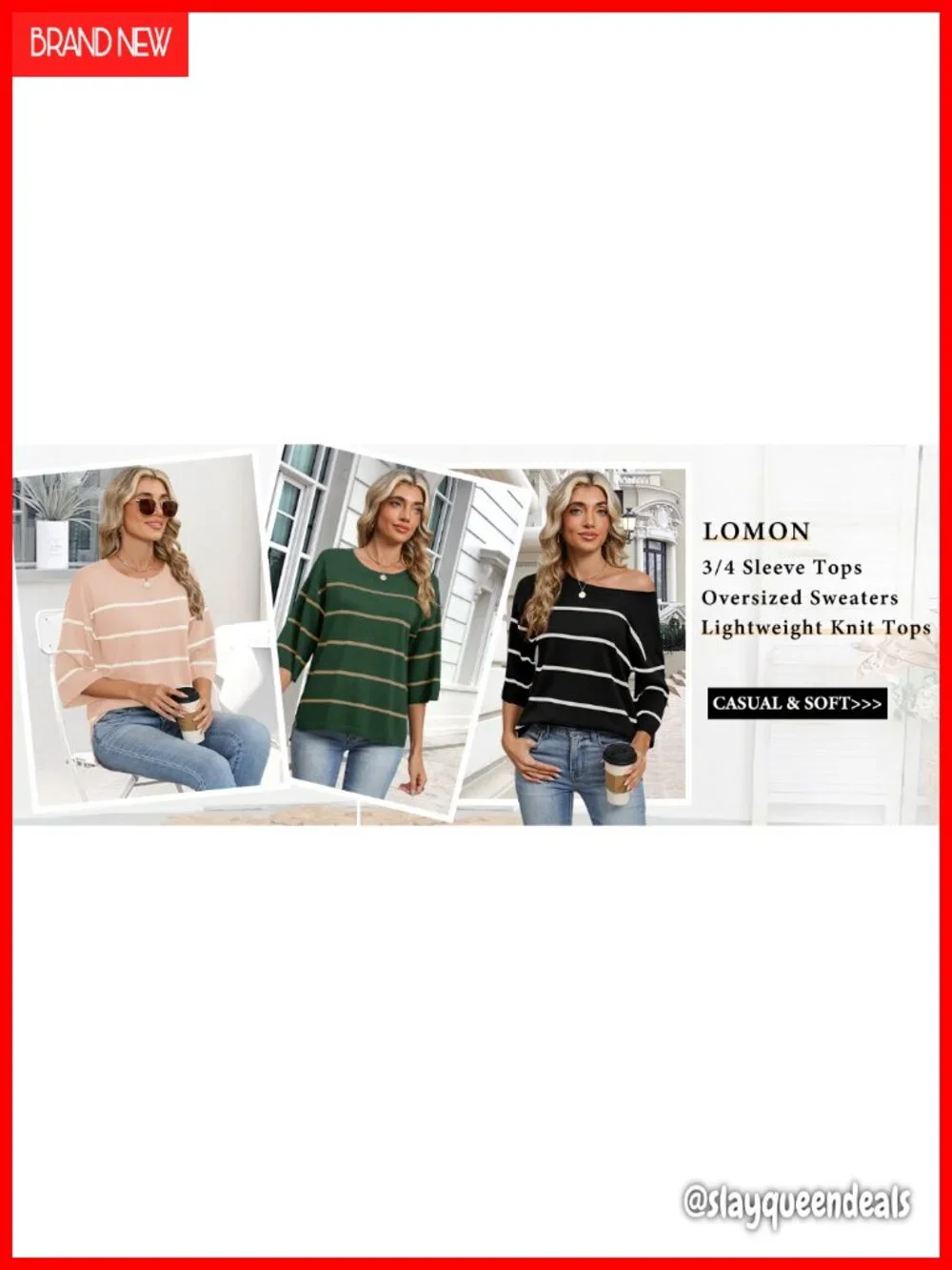 Women's Oversized 3/4 Sleeve Sweater Crewneck Knit Pullover Loose Fit